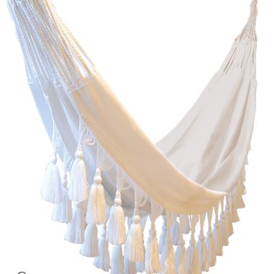 white handmade hammock with tassels